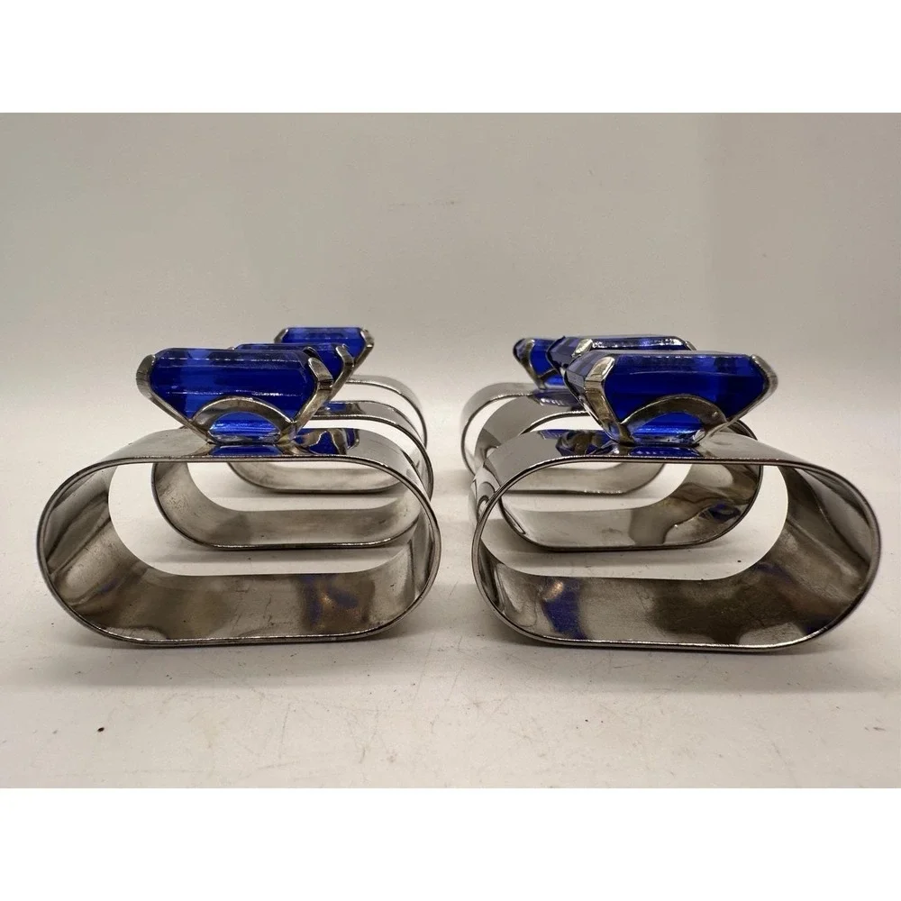 Set of 6 Vintage Audrey Hong Kong Blue Crystal Silverplate Napkin Rings